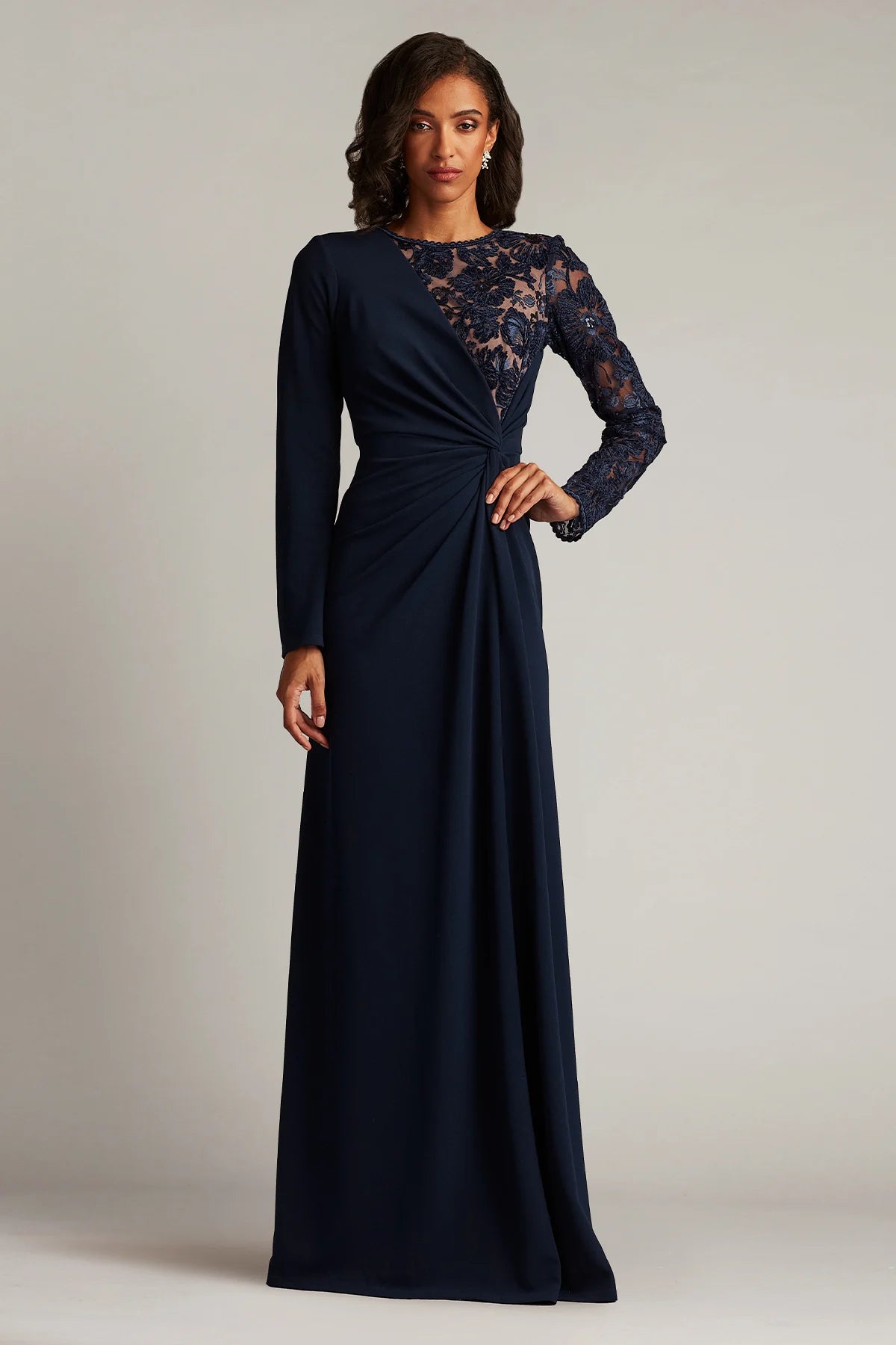 DEVIKA EMBROIDERED TWIST-DRAPE GOWN